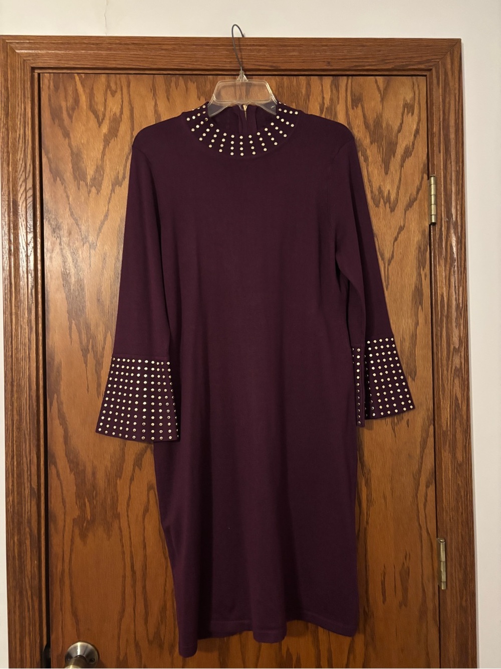 NWOT Harper Rose Size Large Plum Midi Dress with Studded Neckline and Sleeves